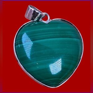 925 Sterling Silver Heart Pendant with Natural Malachite Gemstone